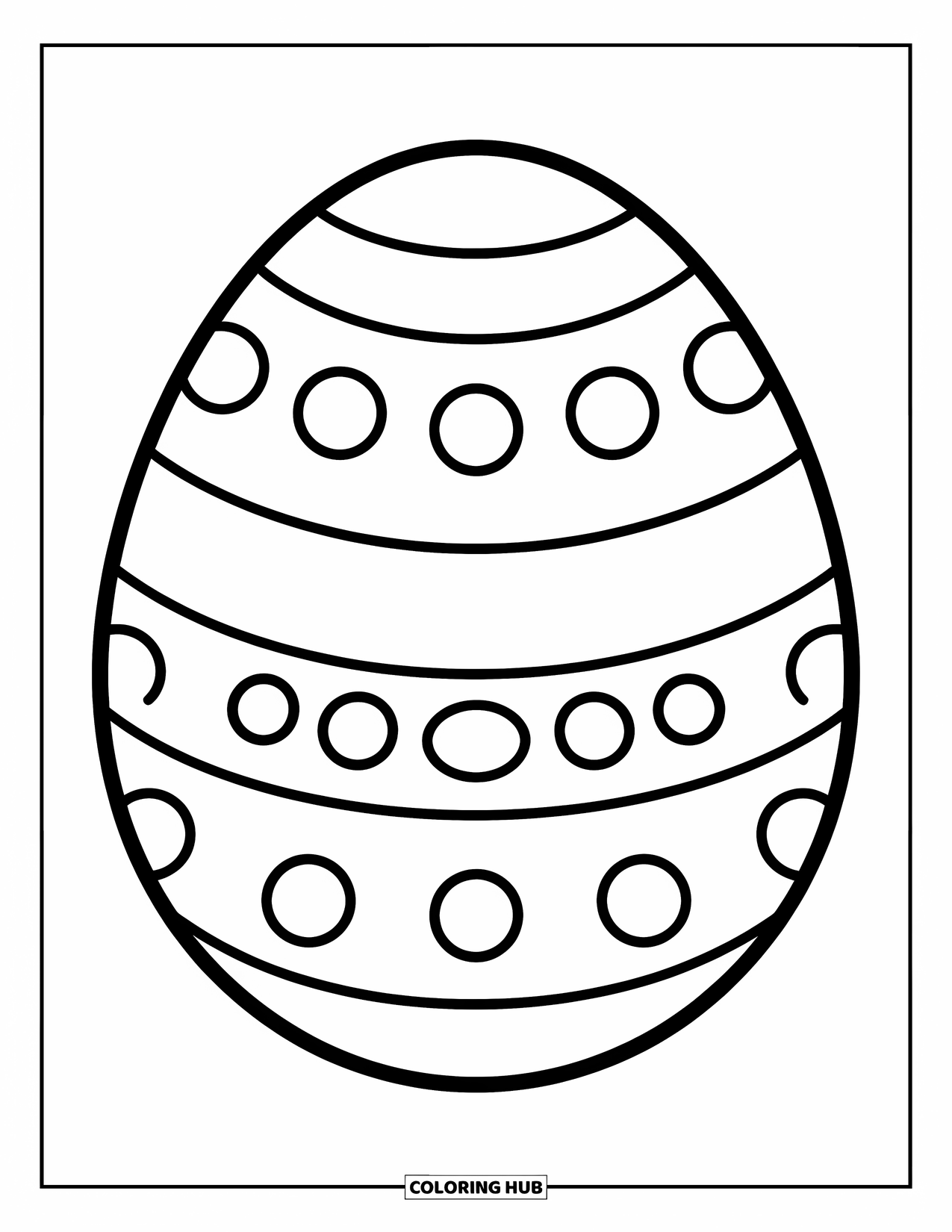 Easter Egg Coloring Page for Kids: A striped Easter egg with dots sits against a white background