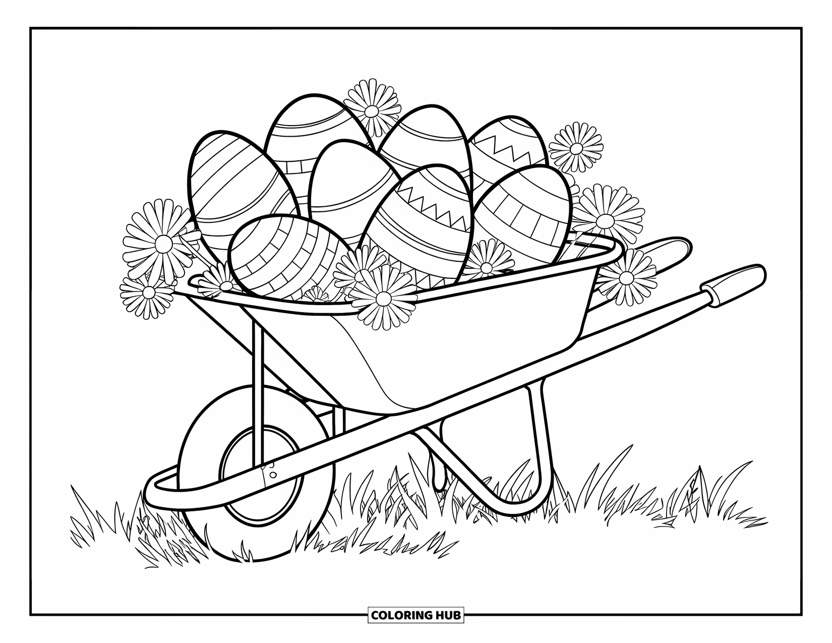 Easter Egg Coloring Page for Kids: A wheelbarrow of decorated Easter eggs rests in a grassy field