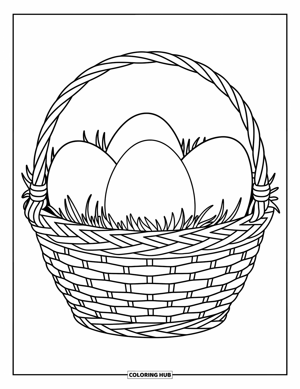 Easter Egg Coloring Page for Kids: A woven basket carries three plain Easter eggs