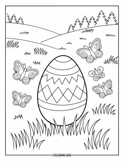 Easter Egg Coloring Page for Kids: A zigzag Easter egg sits in grass with butterflies and trees nearby