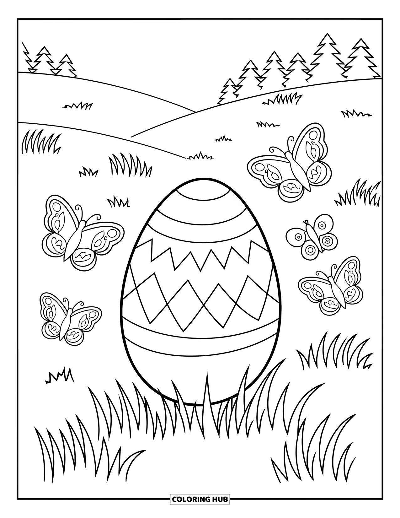 Easter Egg Coloring Page for Kids: A zigzag Easter egg sits in grass with butterflies and trees nearby