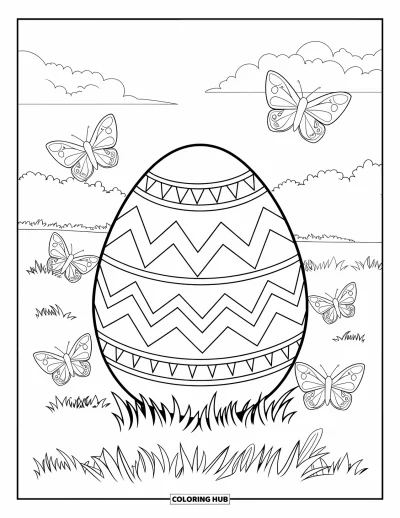 Easter Egg Coloring Page for Kids: A zigzag patterned egg sits in a meadow under a bright sky