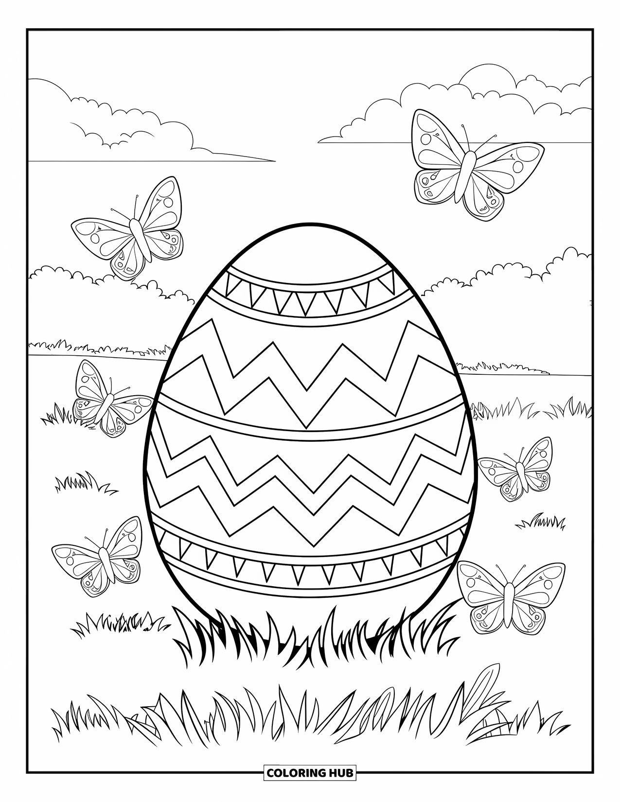 Easter Egg Coloring Page for Kids: A zigzag patterned egg sits in a meadow under a bright sky
