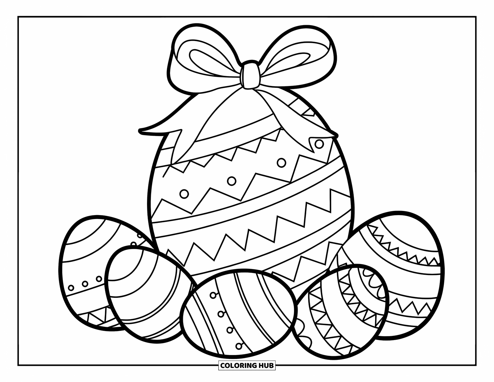 Easter Egg Coloring Page for Kids: An egg wrapped with a ribbon bow rests on decorated eggs