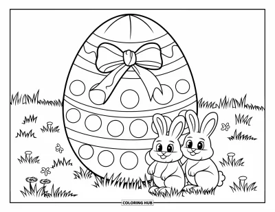 Easter Egg Coloring Page for Kids: Chocolate bunnies sit beside a polka dot Easter egg in grass
