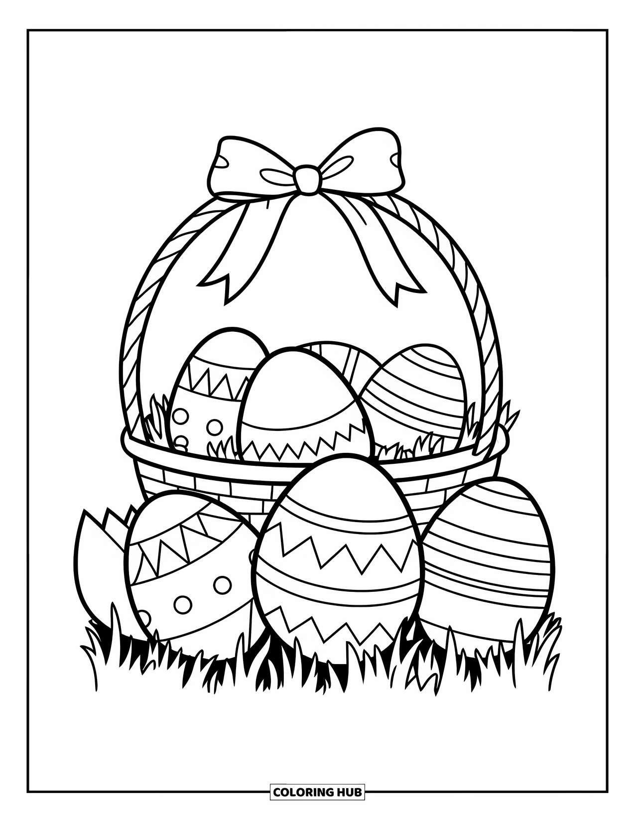 Easter Egg Coloring Page for Kids: Decorated eggs rest by a basket with a ribbon handle in grass