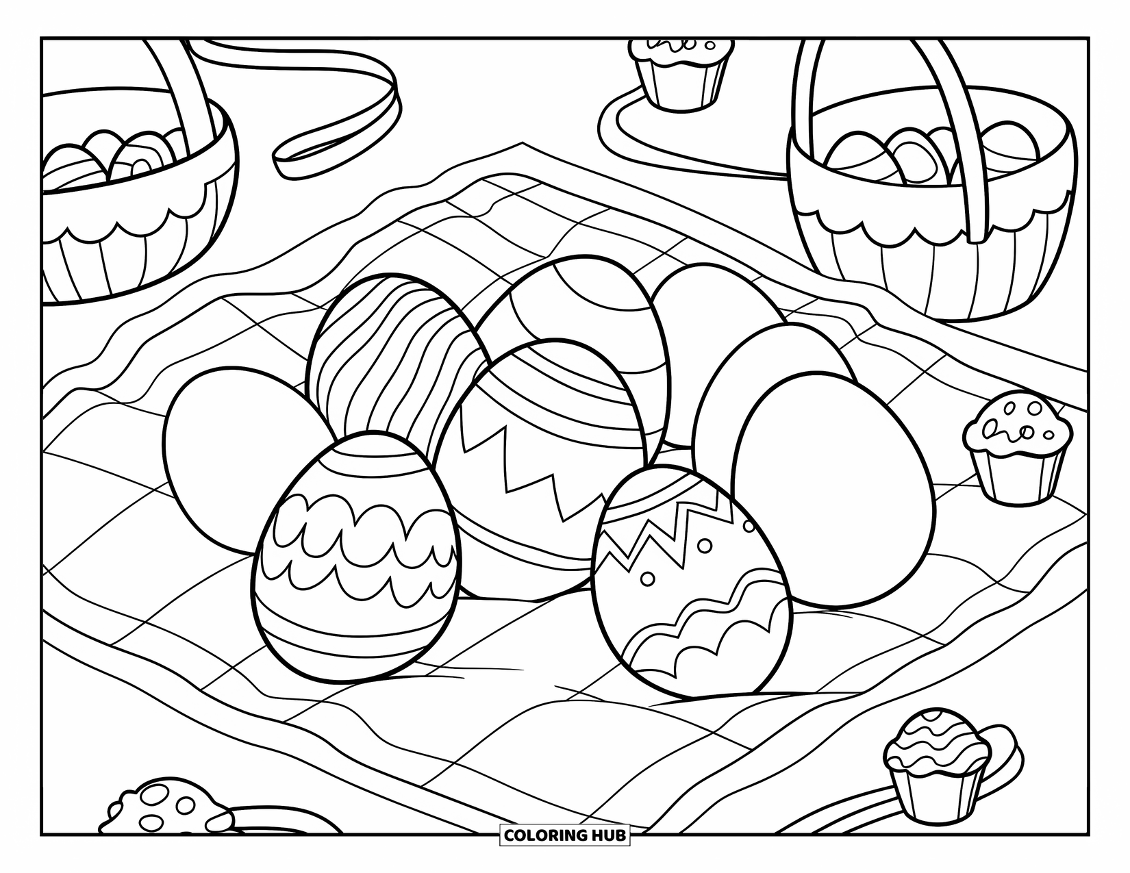 Easter Egg Coloring Page for Kids: Easter eggs rest on a picnic blanket with baskets and cupcakes