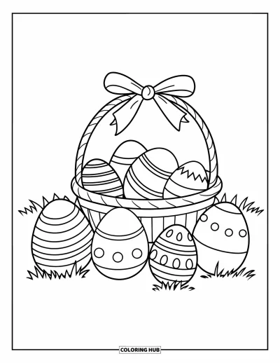 Easter Egg Coloring Page for Kids: Easter eggs sit near a basket with a ribbon handle