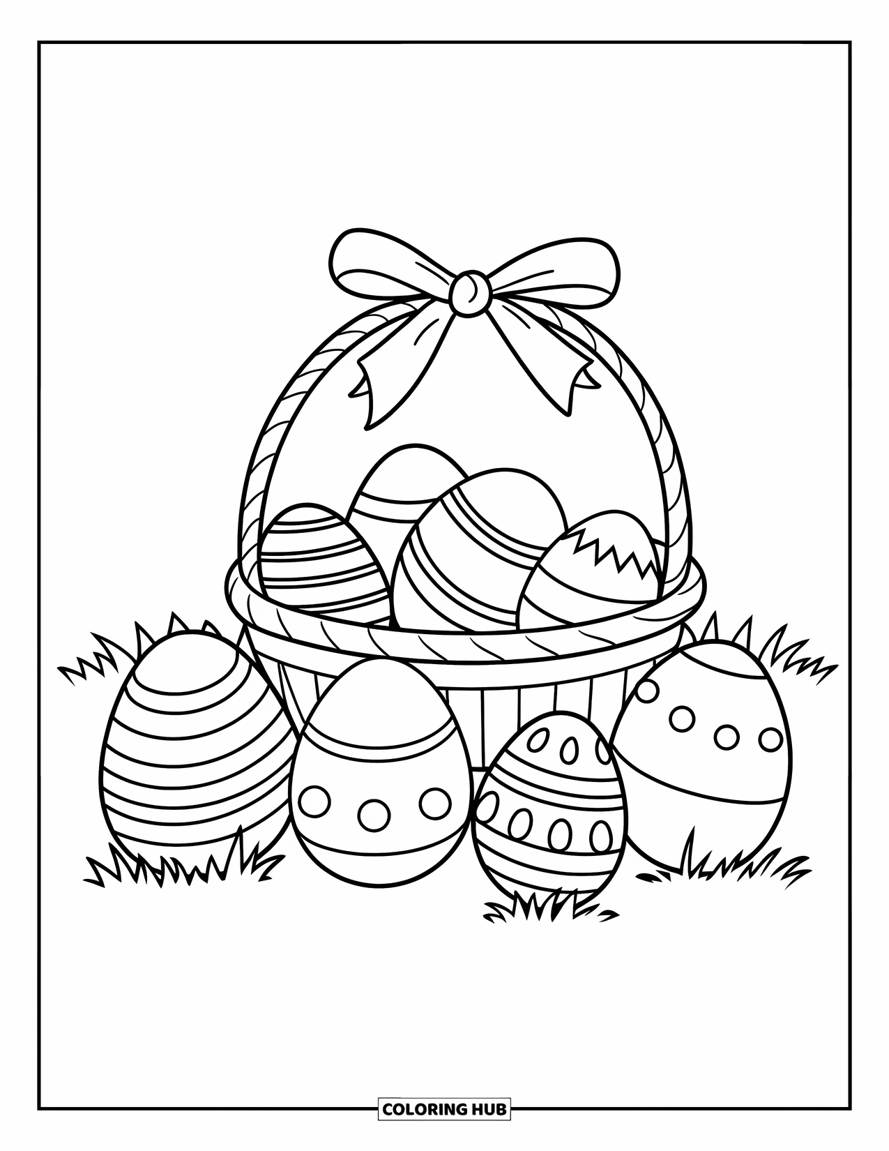 Easter Egg Coloring Page for Kids: Easter eggs sit near a basket with a ribbon handle