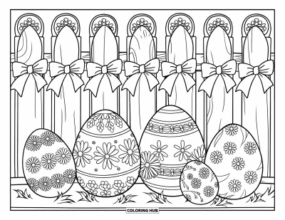Easter Egg Coloring Page for Kids: Floral Easter eggs lean on a carved fence draped with greenery