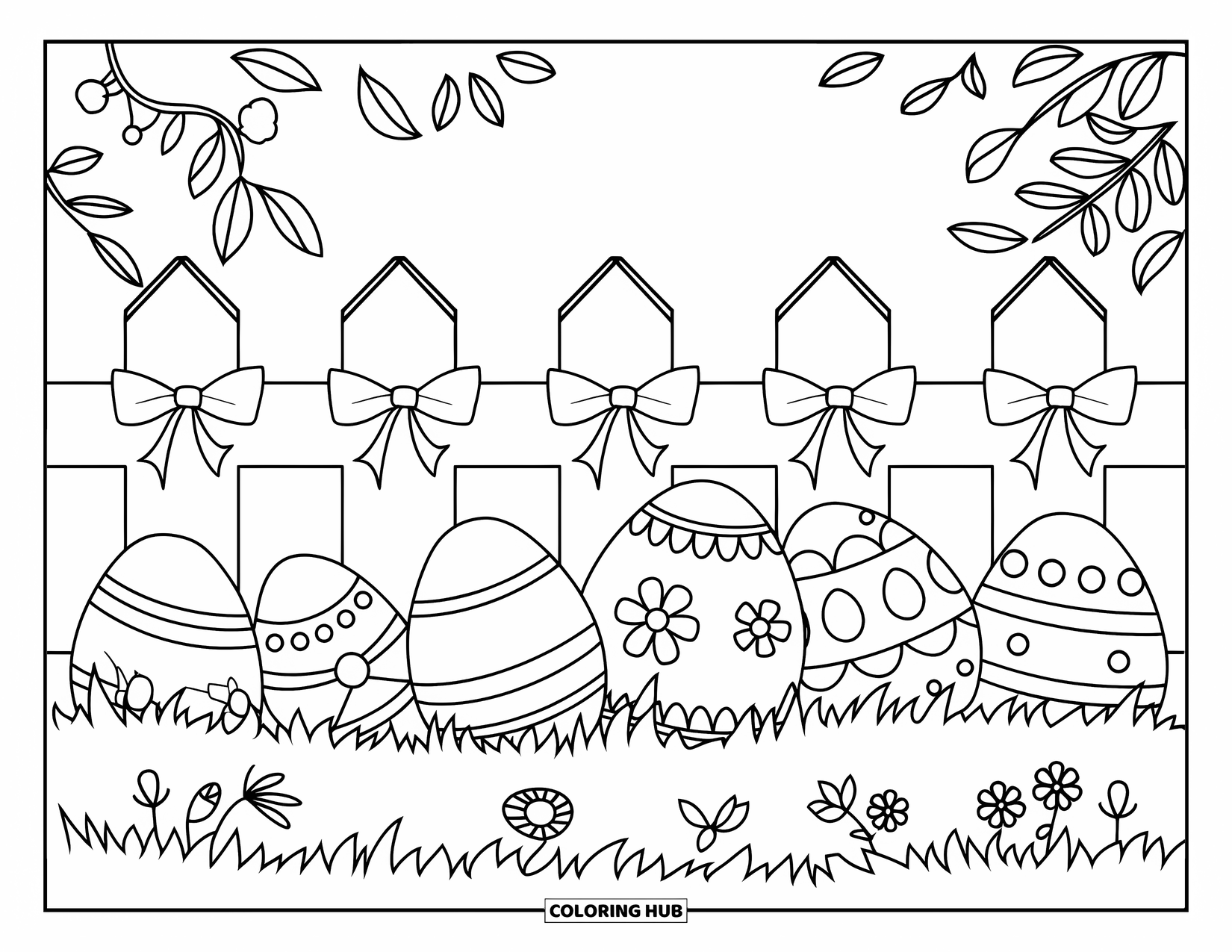 Easter Egg Coloring Page for Kids: Floral Easter eggs sit by a decorated fence with flowers and leaves