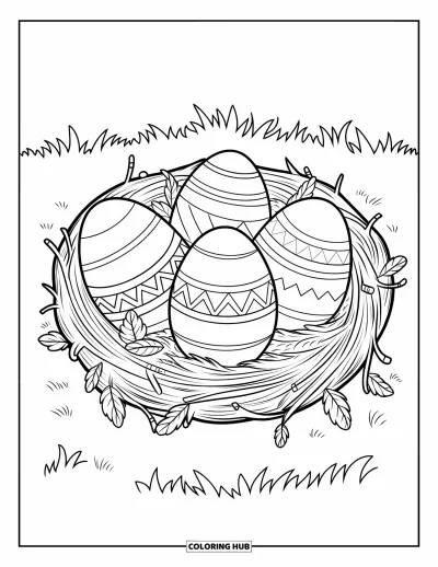 Easter Egg Coloring Page for Kids: Geometric patterned Easter eggs rest inside a grassy nest