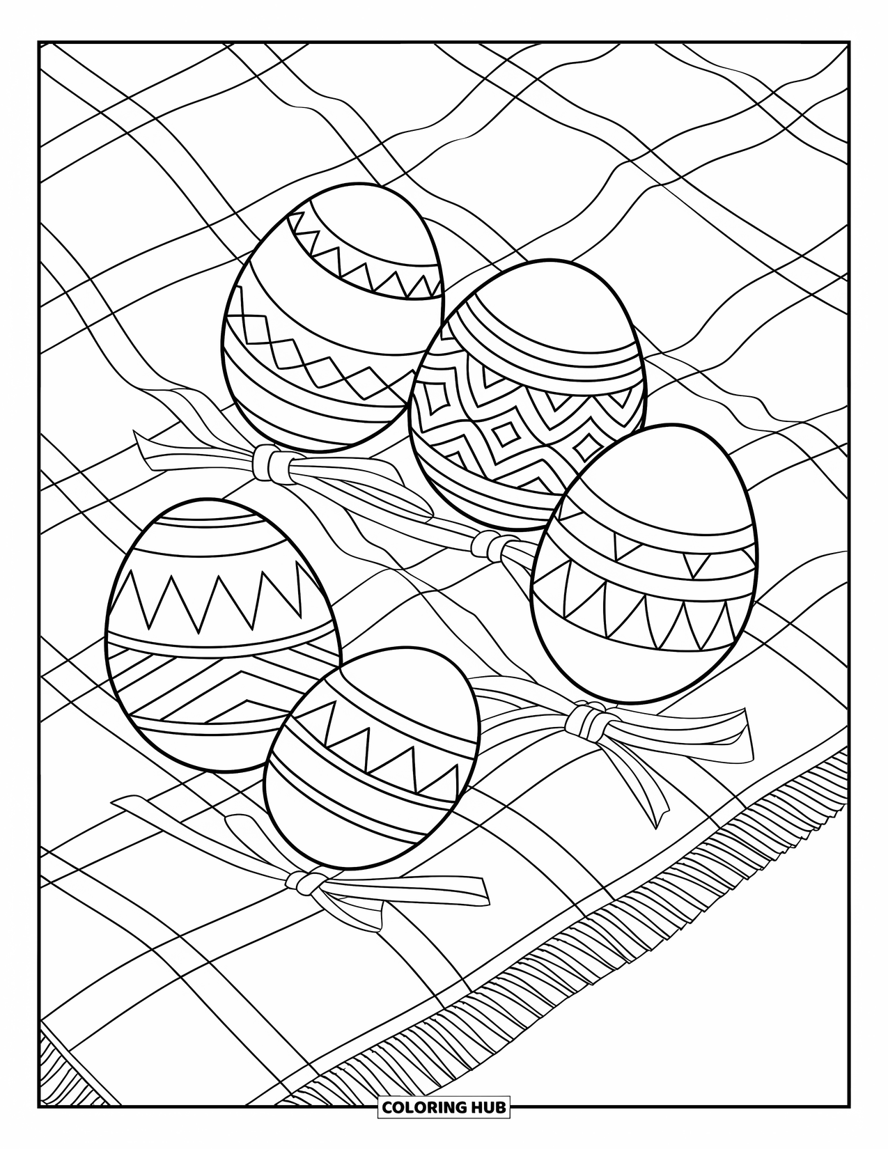 Easter Egg Coloring Page for Kids: Patterned Easter eggs rest on a ribboned picnic blanket