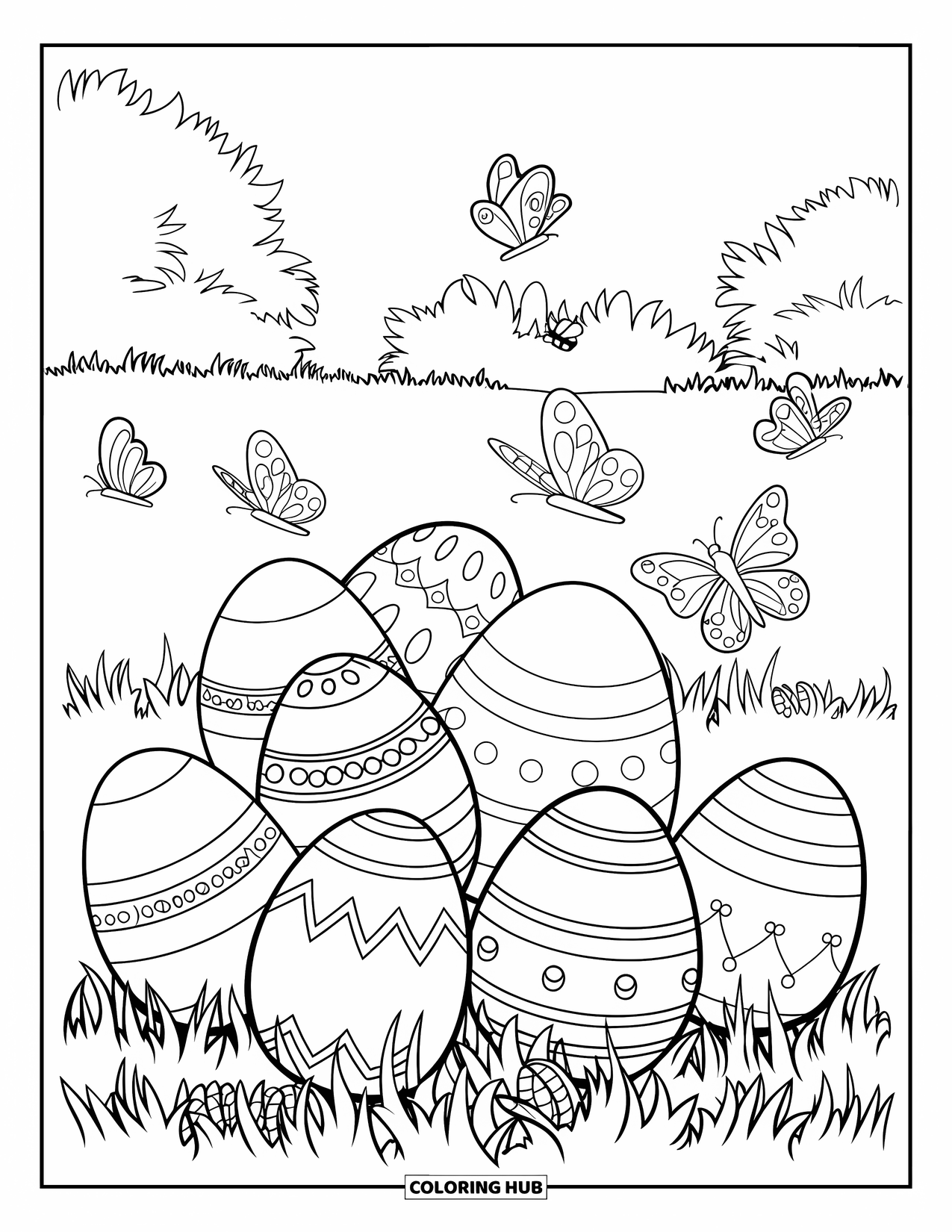Easter Egg Coloring Page for Kids: Patterned Easter eggs sit in grass with butterflies and bees
