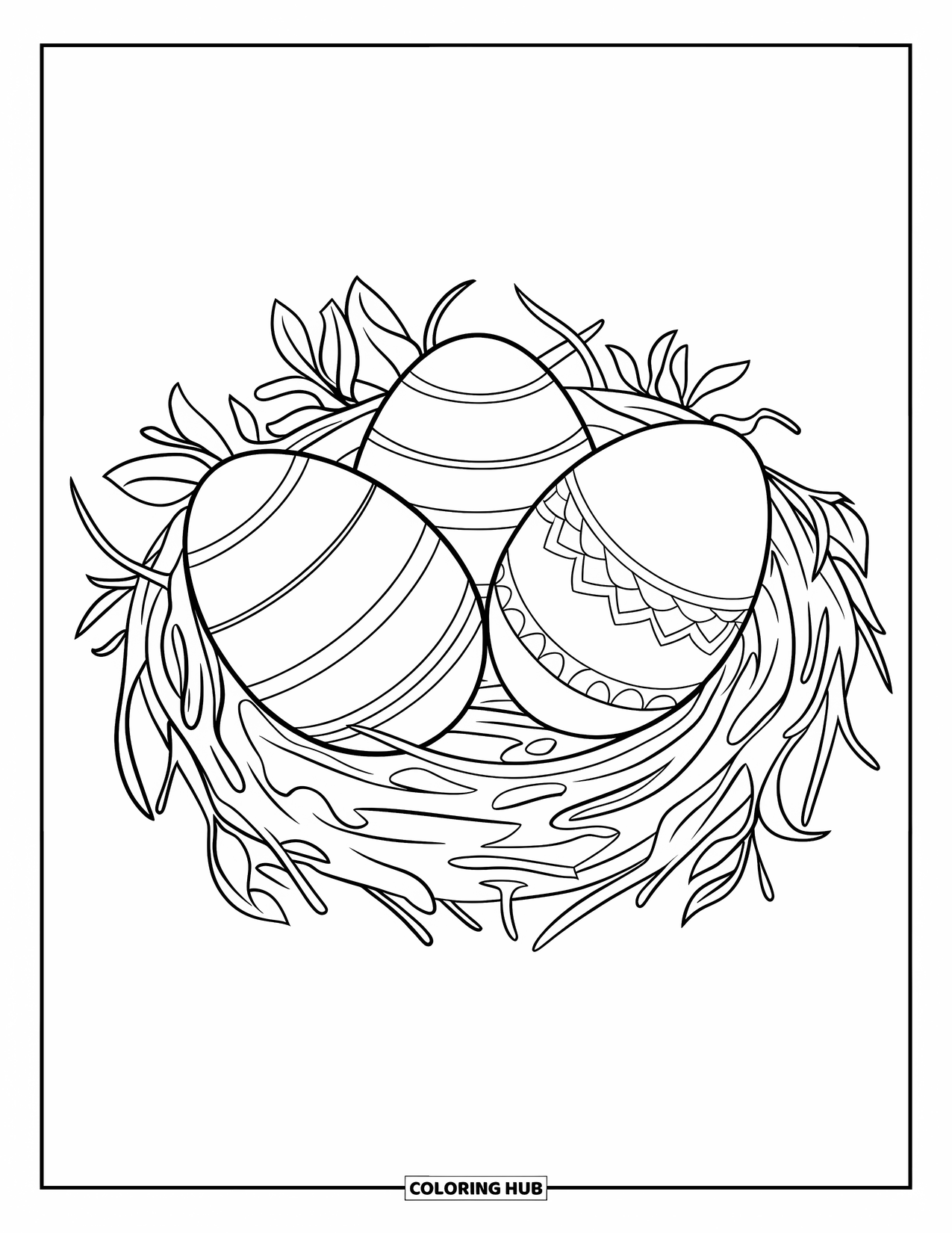 Easter Egg Coloring Page for Kids: Three patterned Easter eggs sit in a nest of leaves and twigs
