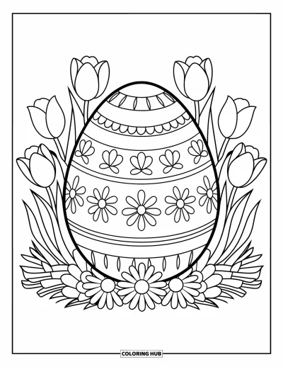 Easter Egg Coloring Page for Kids: Tulips and daisies surround a decorated Easter egg