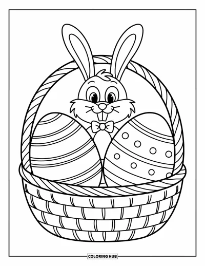 Easter Egg Coloring Page for Kids: Two Easter eggs rest in a basket with a bunny peeking over
