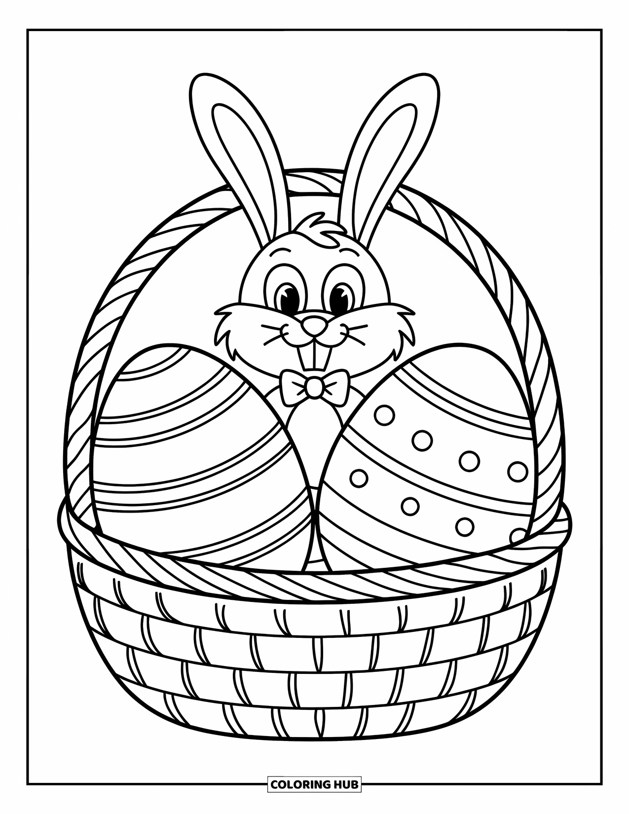 Easter Egg Coloring Page for Kids: Two Easter eggs rest in a basket with a bunny peeking over