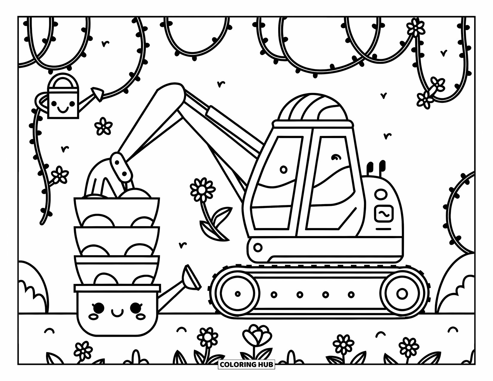Excavator Coloring Page for Adults: A cute excavator in a garden stacks pots near flowers, vines, and a happy watering can