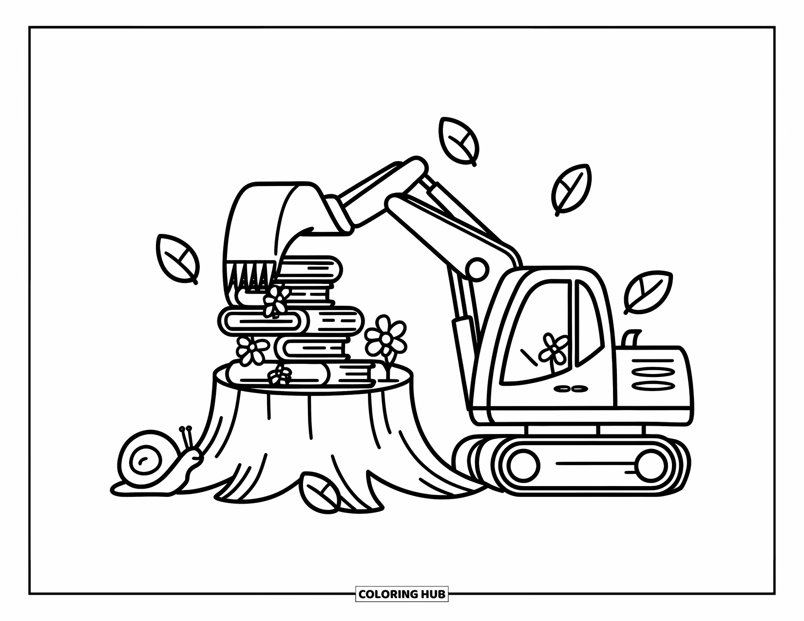 Excavator Coloring Page for Adults: A cute excavator stacks little books by a tree stump, surrounded by snails and leaves