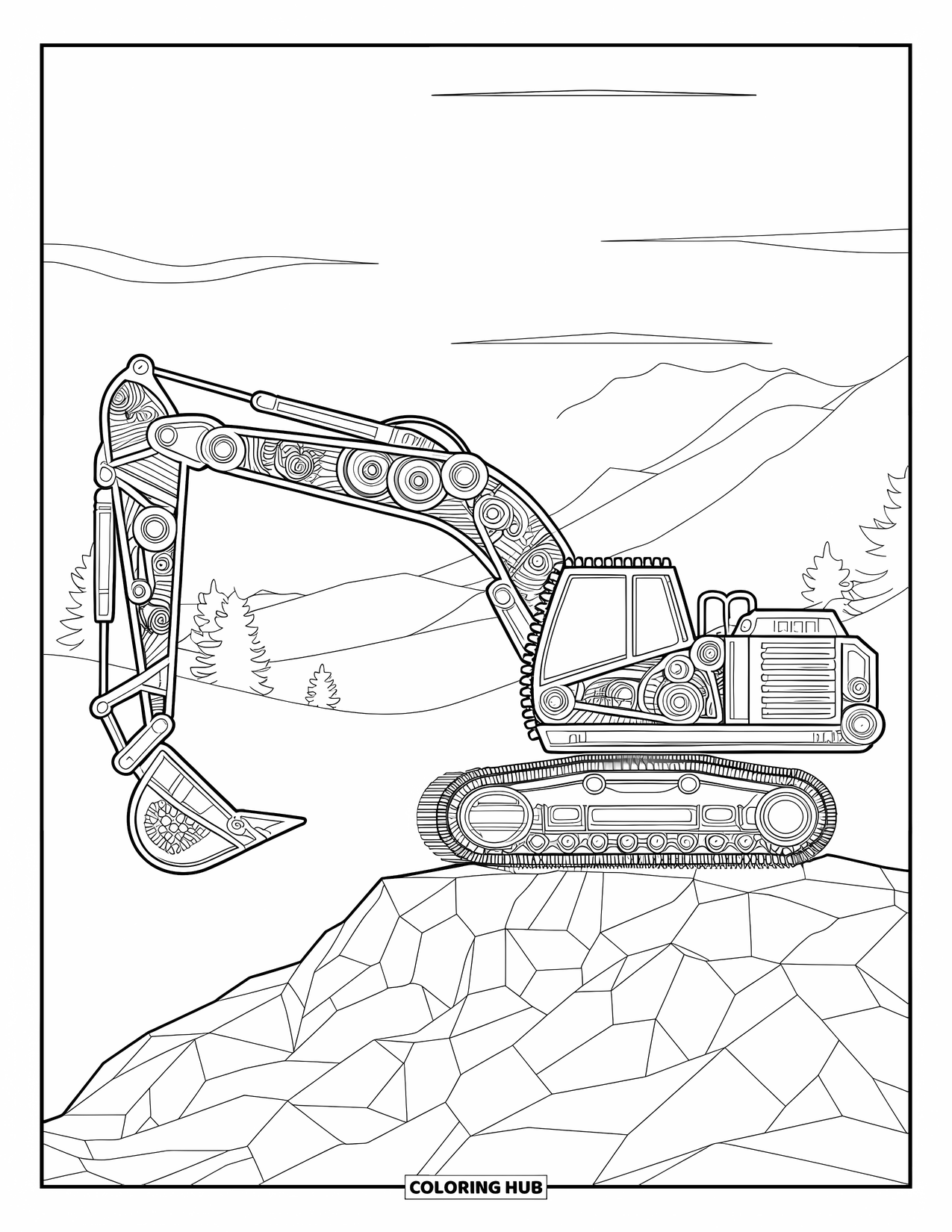 Excavator Coloring Page for Adults: A mandala excavator sits on rocky ground beneath mountains and trees