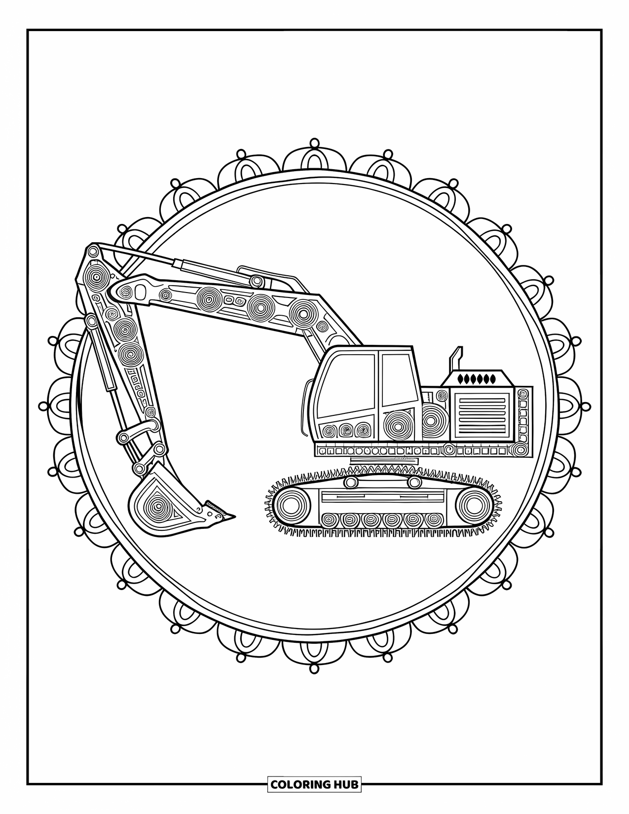 Excavator Coloring Page for Adults: A mandala-style excavator made of gears is framed by decorative edges