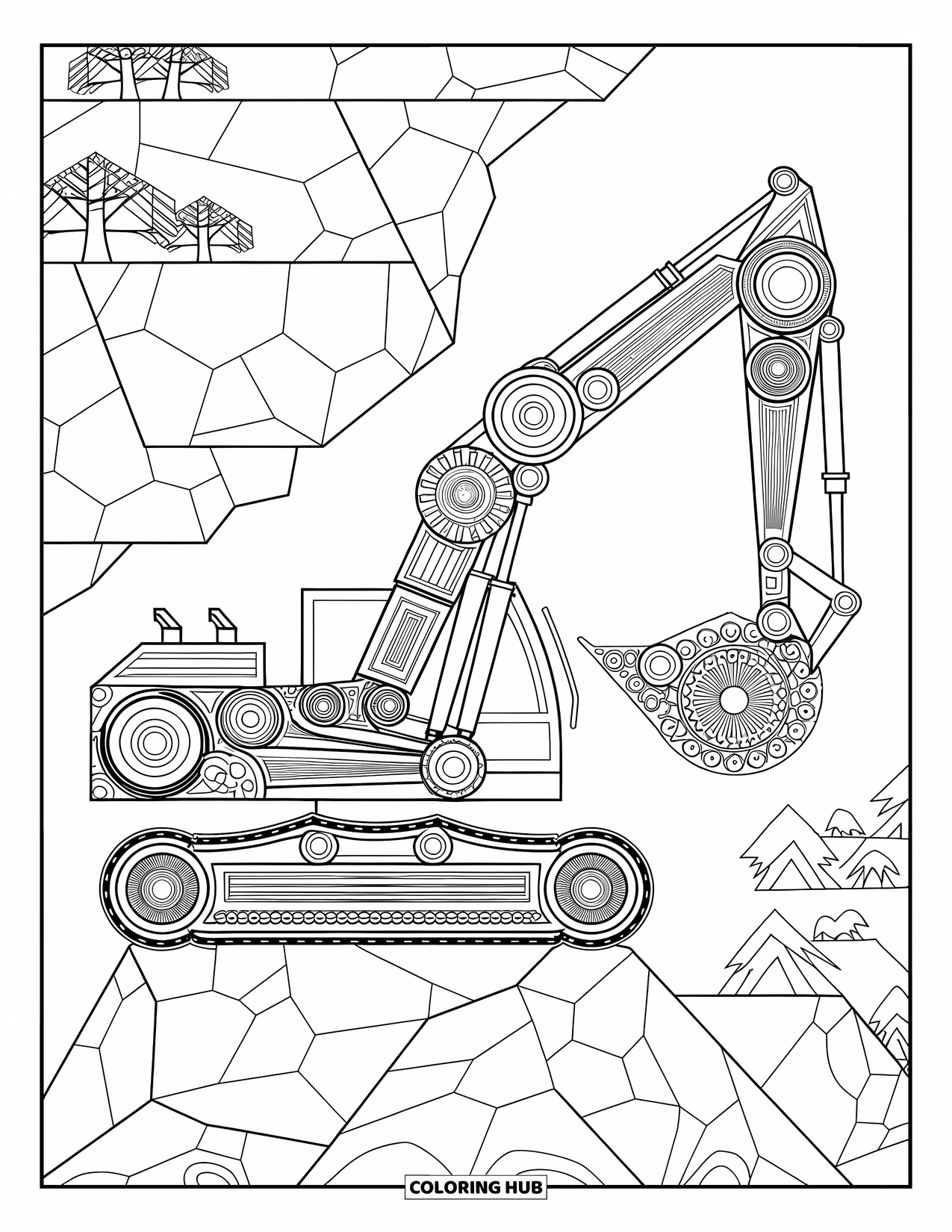 Excavator Coloring Page for Adults: A mandala-style excavator stands on rocks with gears and trees in the background