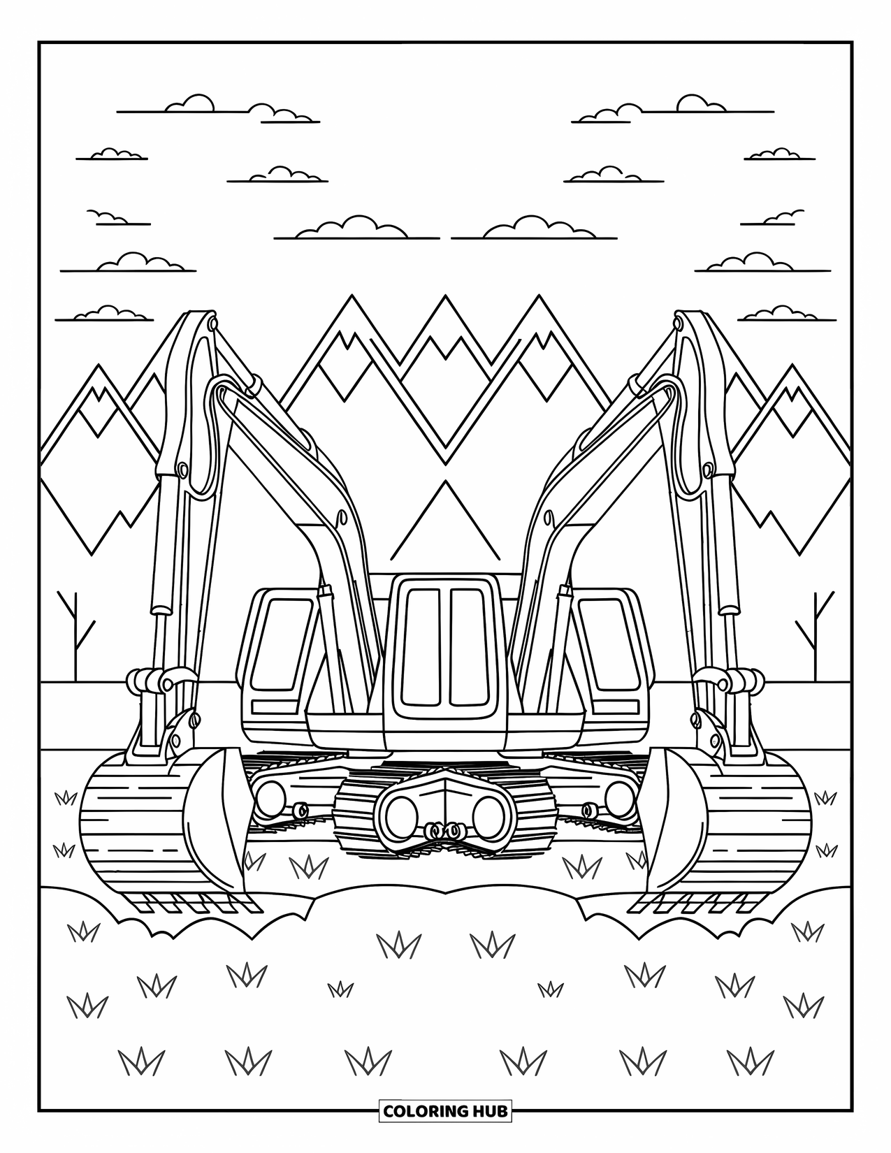 Excavator Coloring Page for Adults: A mirrored excavator digs near mountains with clouds resting on the peaks