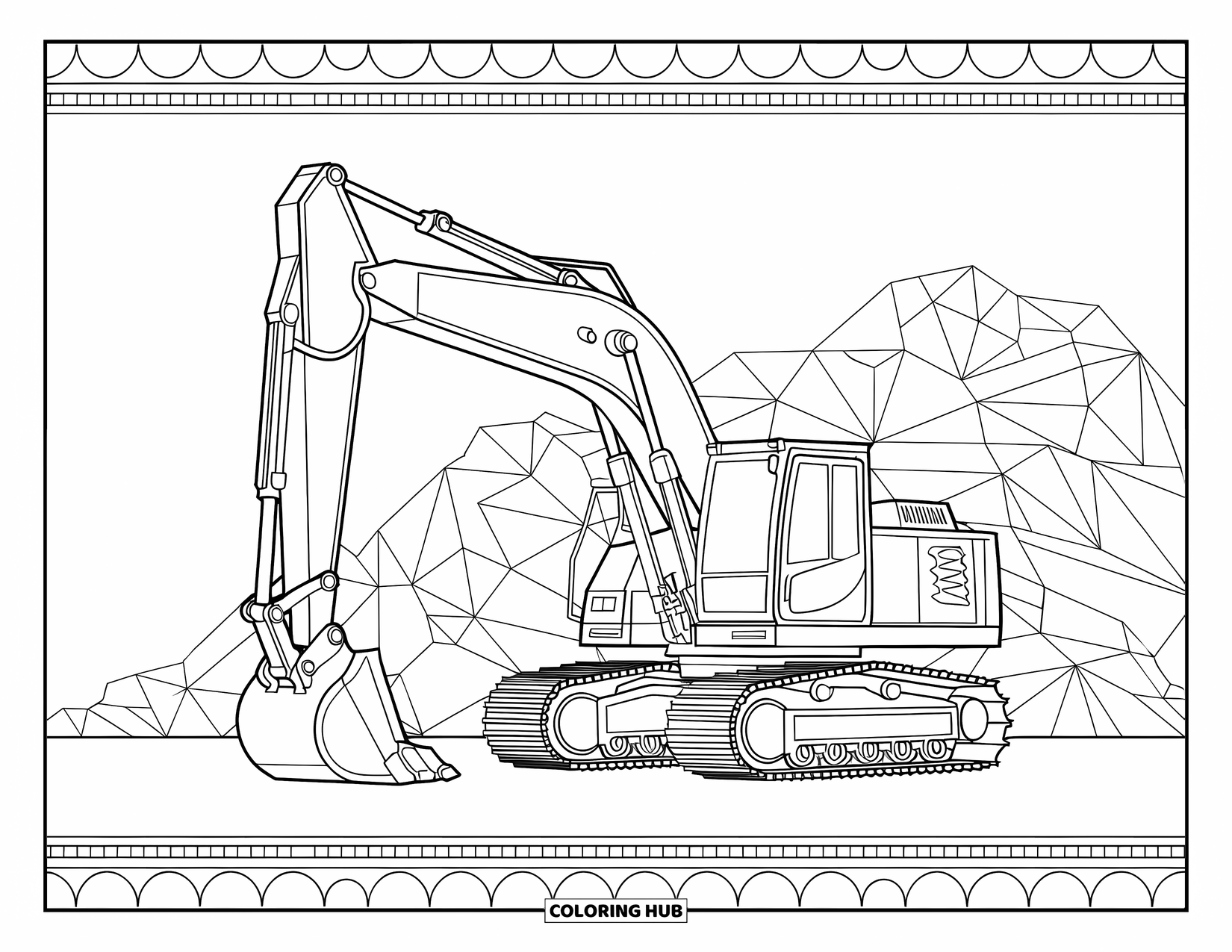Excavator Coloring Page for Adults: A patterned excavator raises its bucket near rubble with a decorative border below