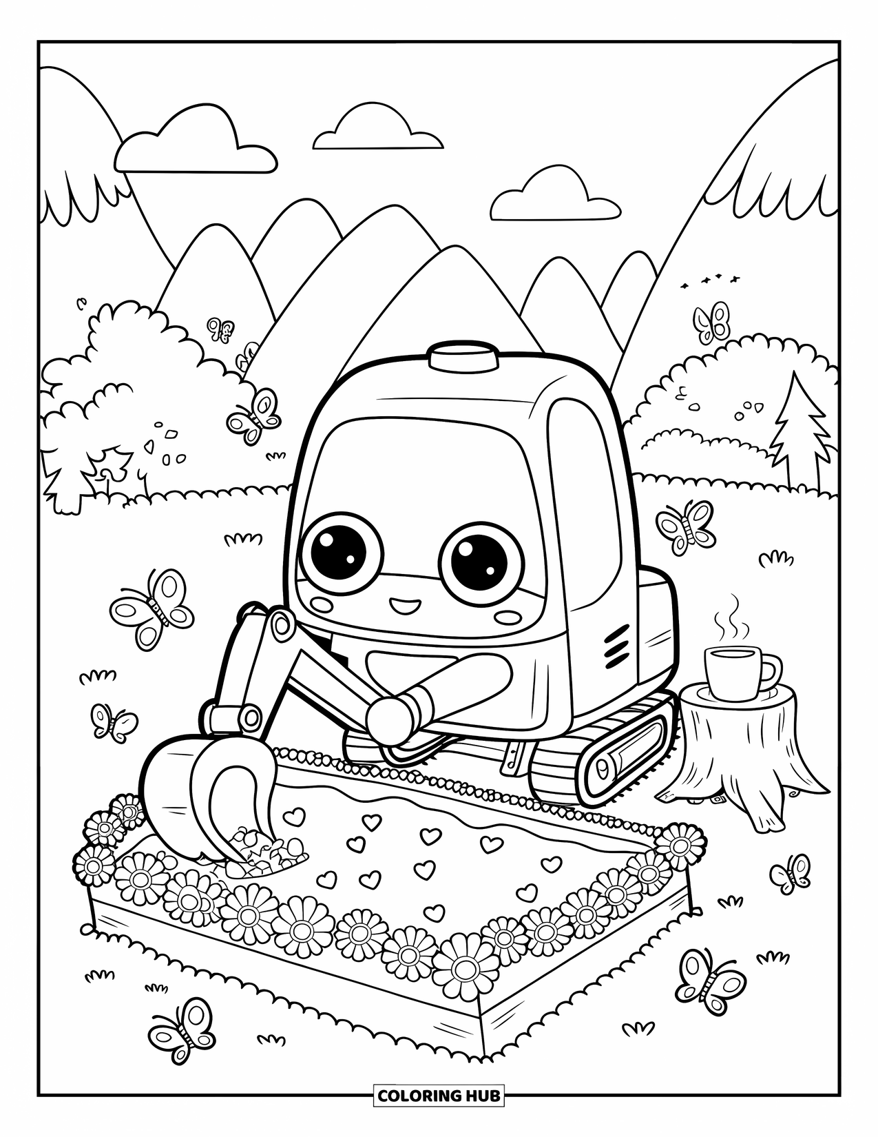 Excavator Coloring Page for Adults: A round-eyed excavator scoops hearts near butterflies, flowers, and a cozy stump