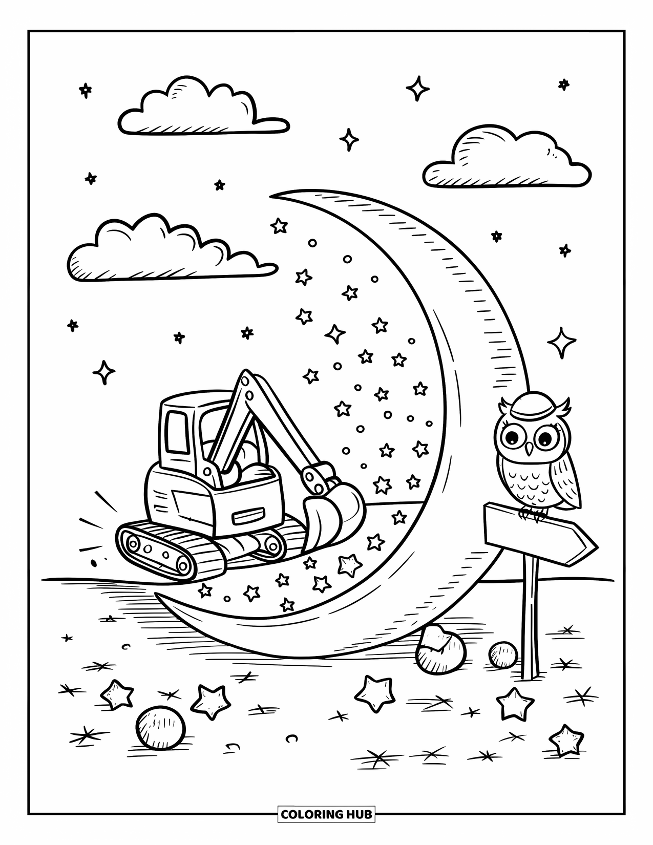 Excavator Coloring Page for Adults: A tiny excavator moves glowing stars into a moon pit under fluffy night clouds
