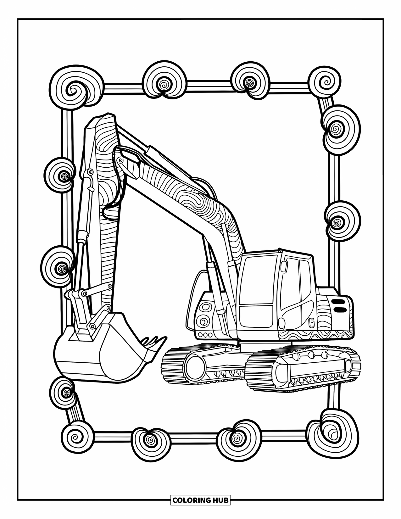 Excavator Coloring Page for Adults: A zentangle excavator stands inside a decorative spiral and wave border