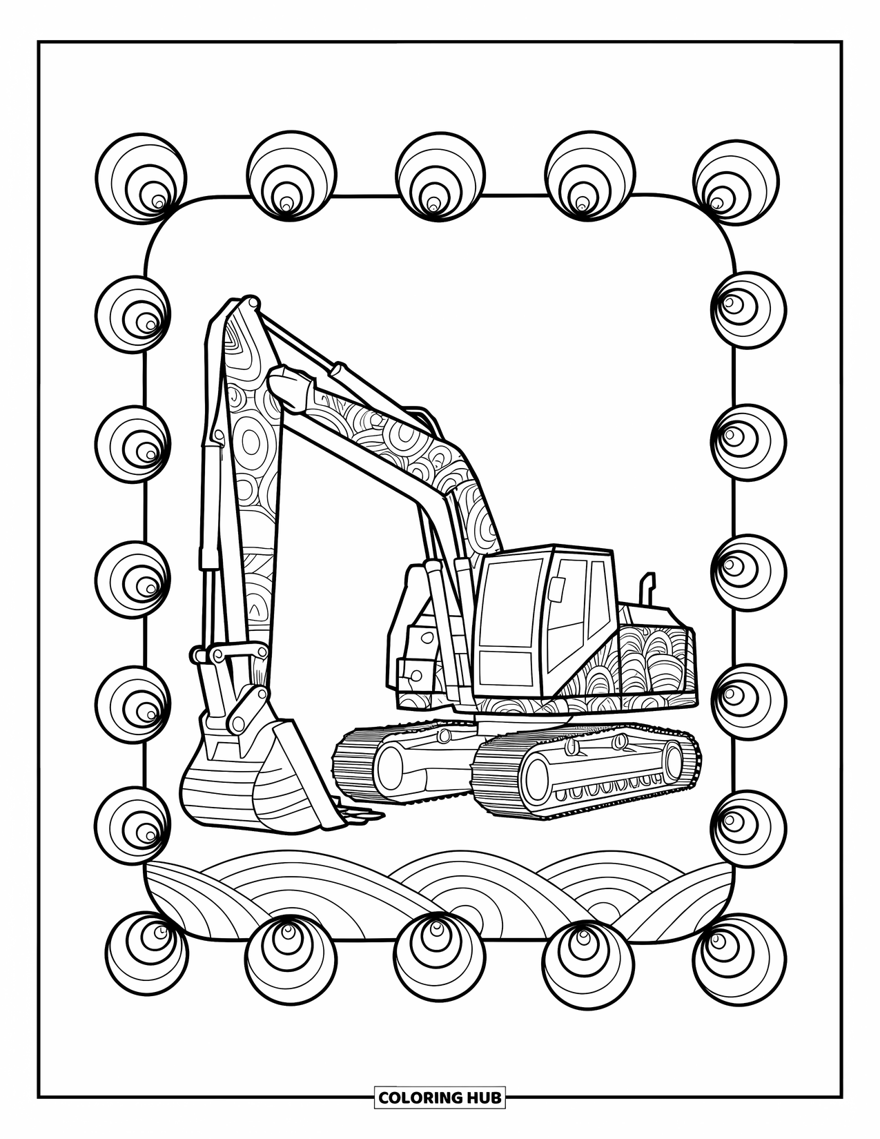 Excavator Coloring Page for Adults: A zentangle-style excavator sits inside a swirling spiral and wave frame