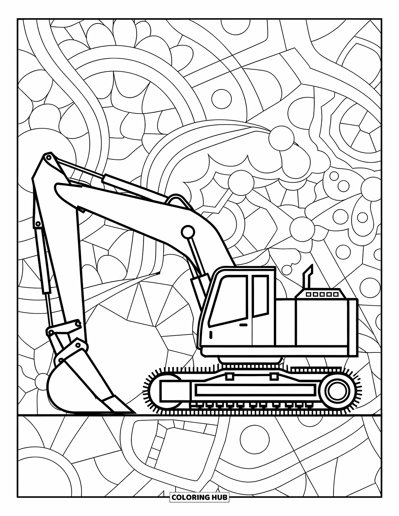 Excavator Coloring Page for Adults: An excavator on a wheeled platform surrounded by layered shapes and patterns