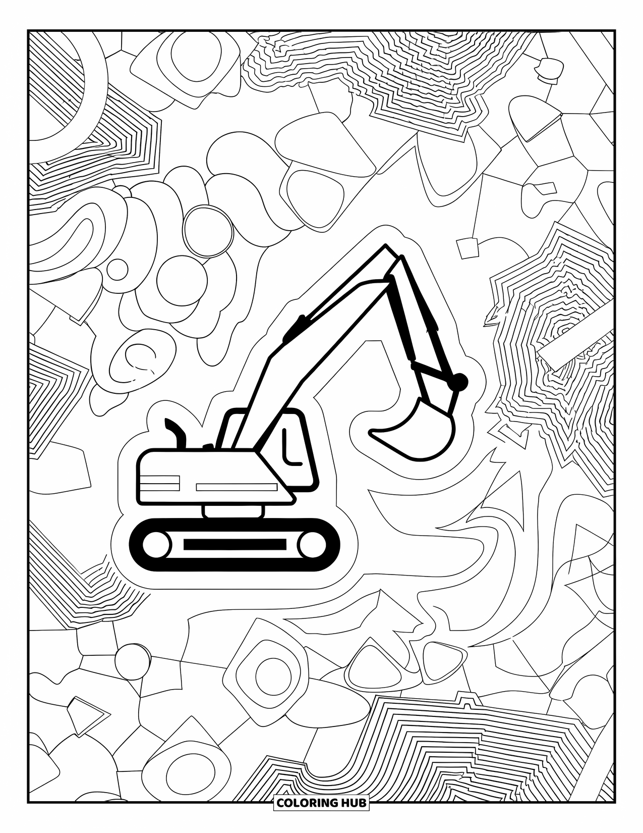 Excavator Coloring Page for Adults: An excavator sits at the center of a swirl of triangles, circles, and waves