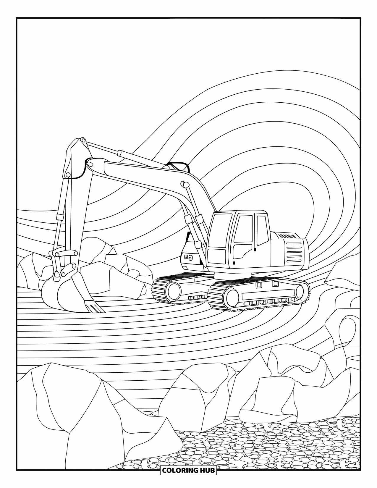 Excavator Coloring Page for Adults: An excavator sits in a zen garden with waves, rocks, and gravel around it