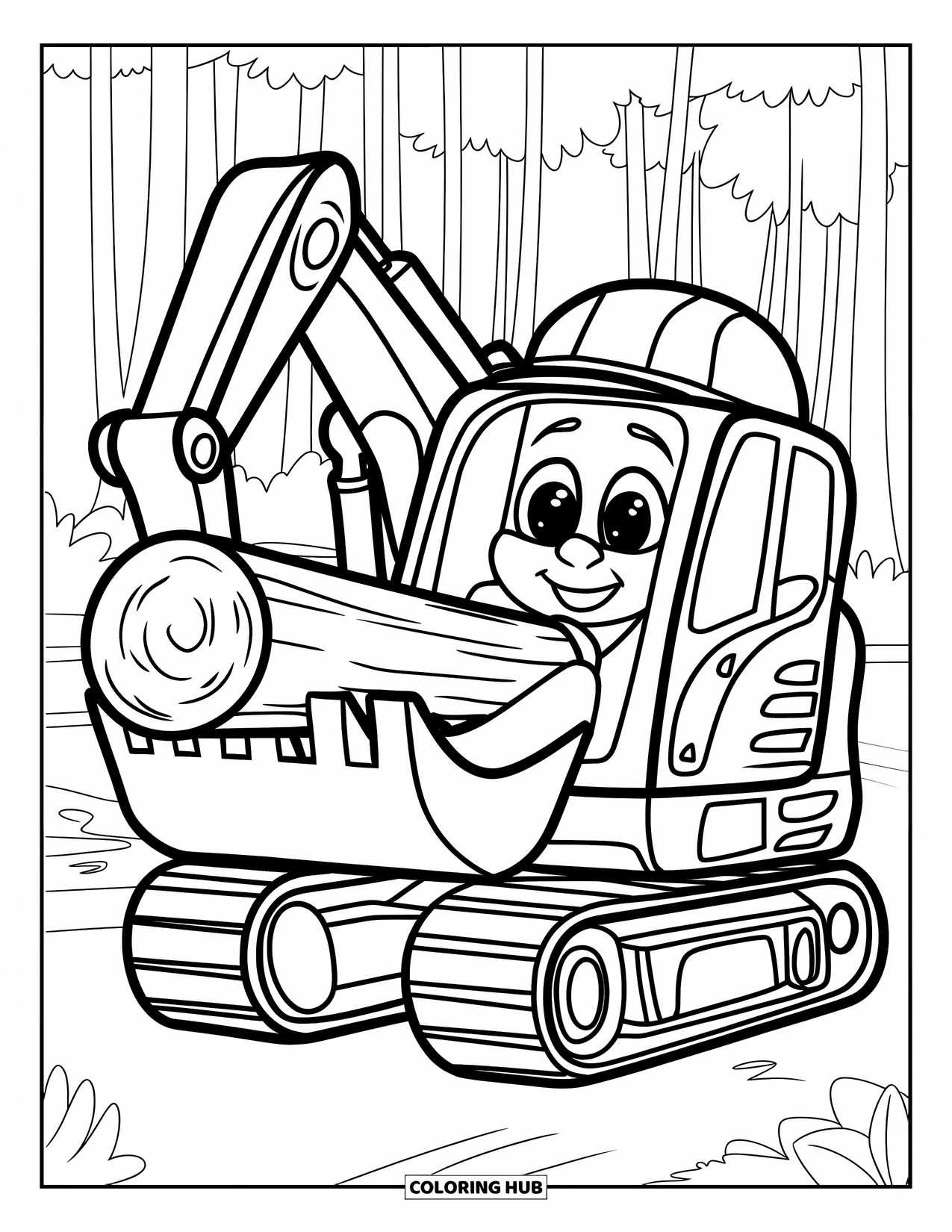 Excavator Coloring Page for Kids: A cheerful excavator lifts a log with trees all around