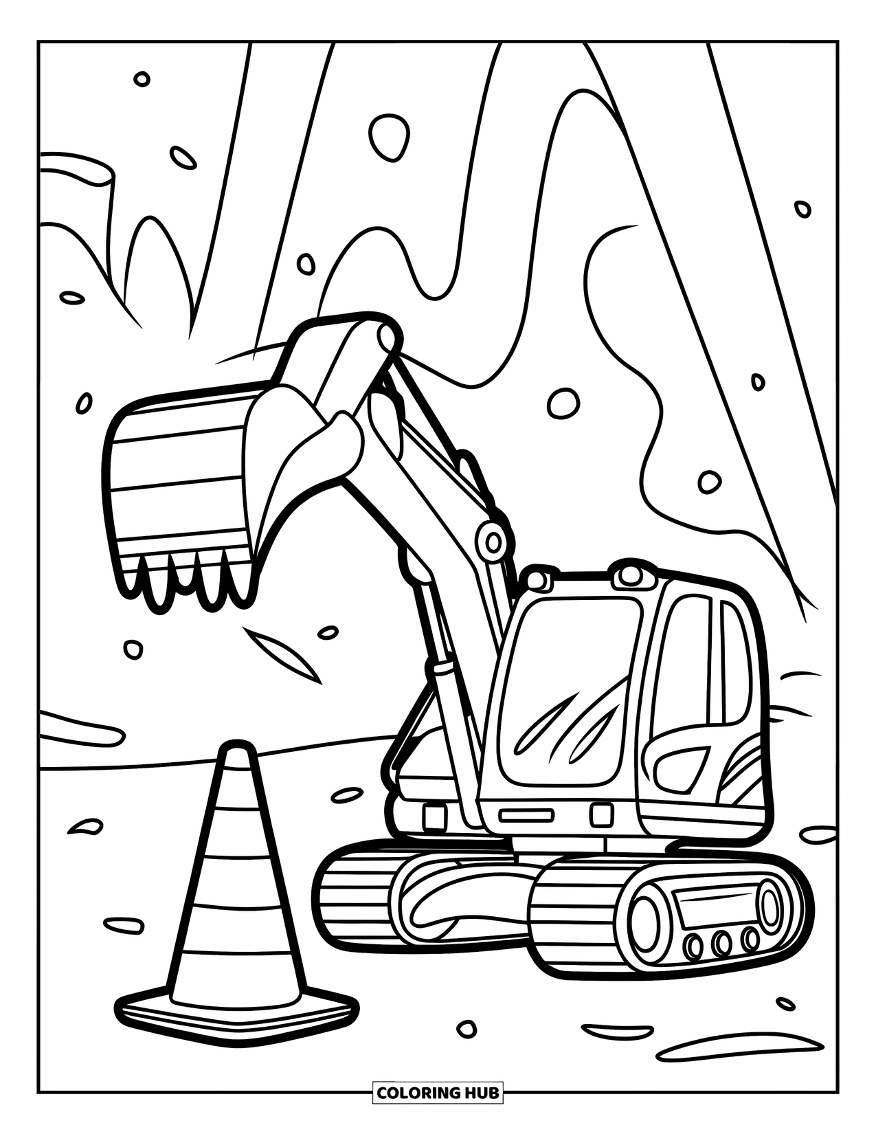 Excavator Coloring Page for Kids: A cute excavator raises its bucket beside a cone and doodle marks