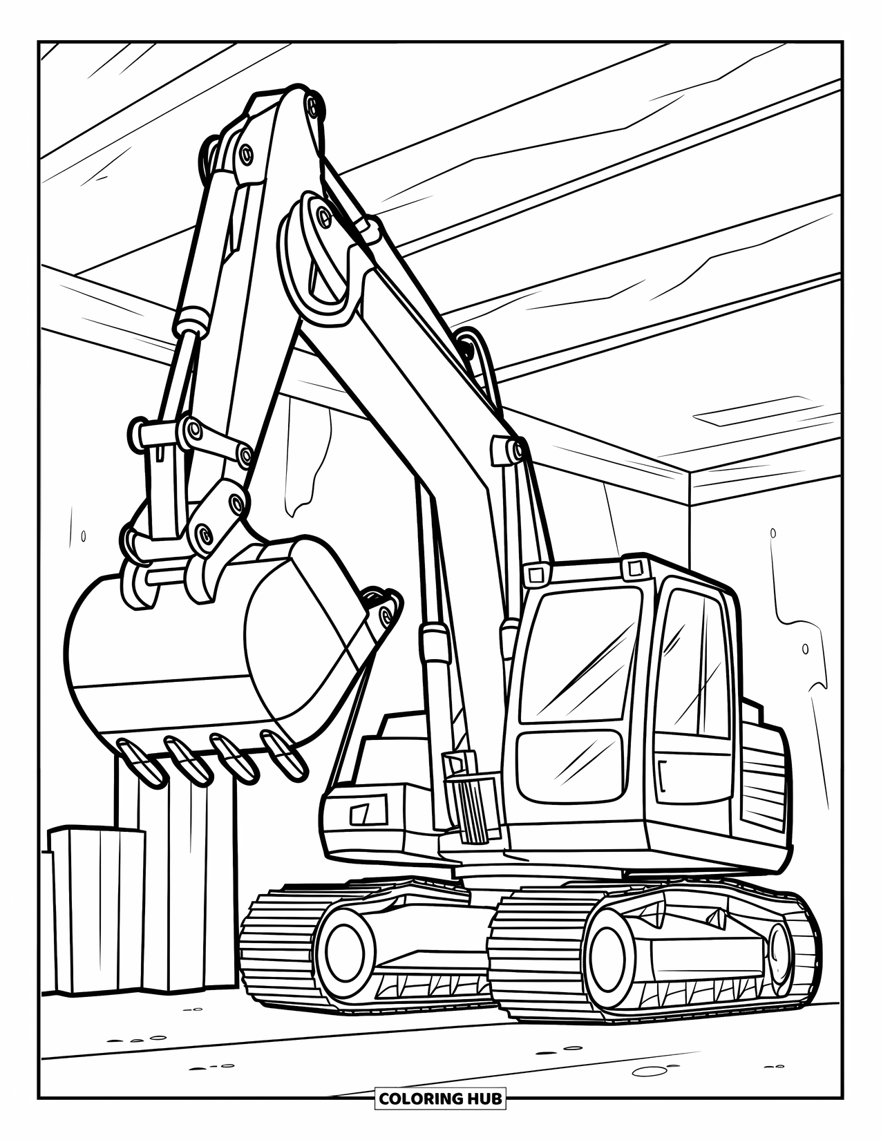 Excavator Coloring Page for Kids: A gear-filled excavator lifts a plank near stacked boards and a city skyline