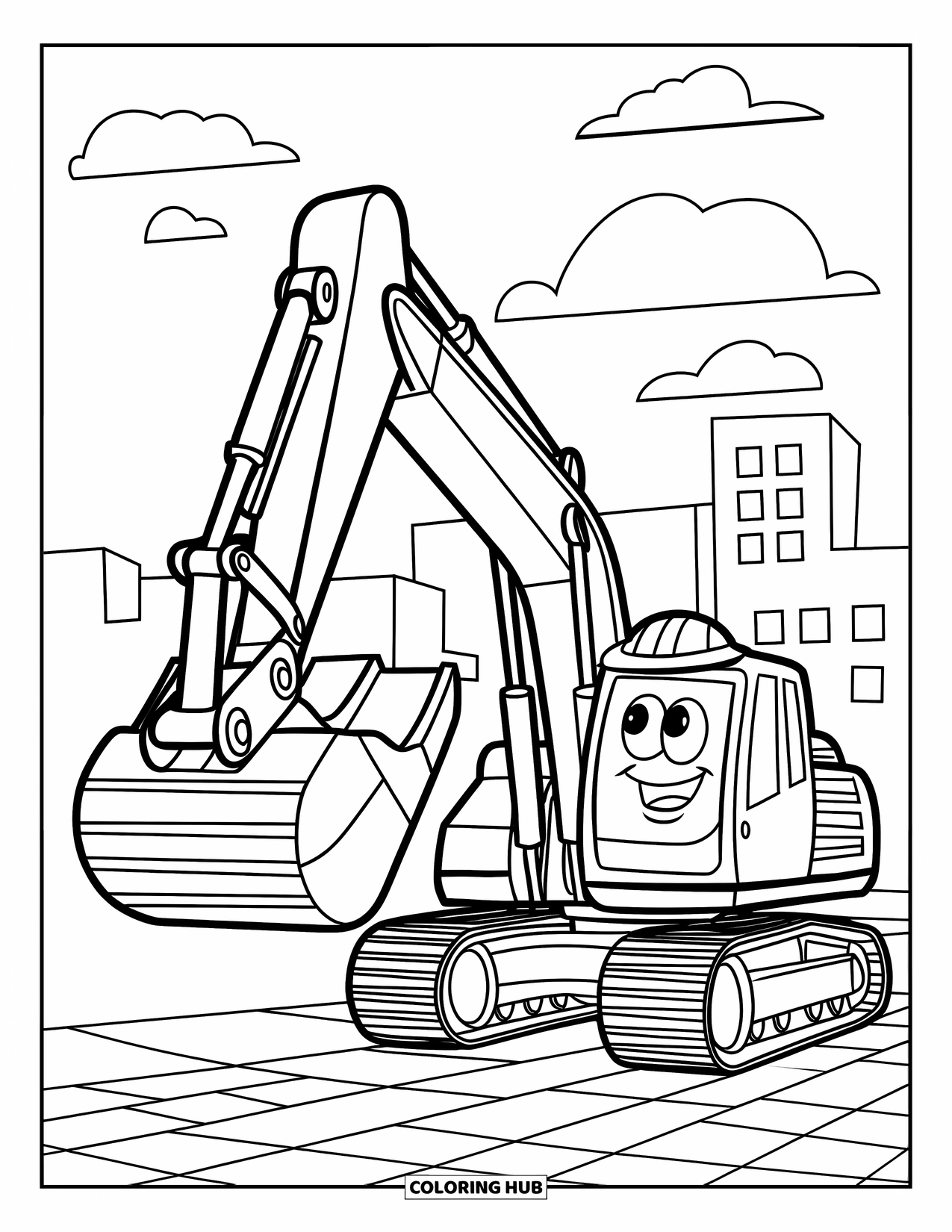 Excavator Coloring Page for Kids: A happy excavator lifts a wooden plank as buildings rise behind it
