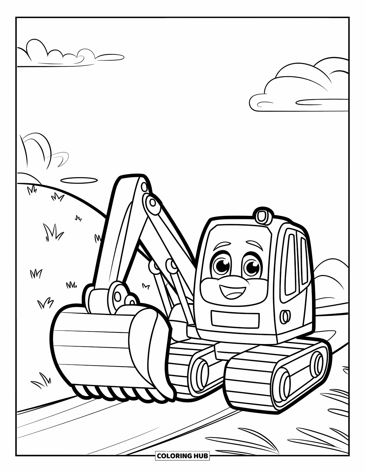 Excavator Coloring Page for Kids: A happy excavator with big eyes stands near a hill and fluffy clouds