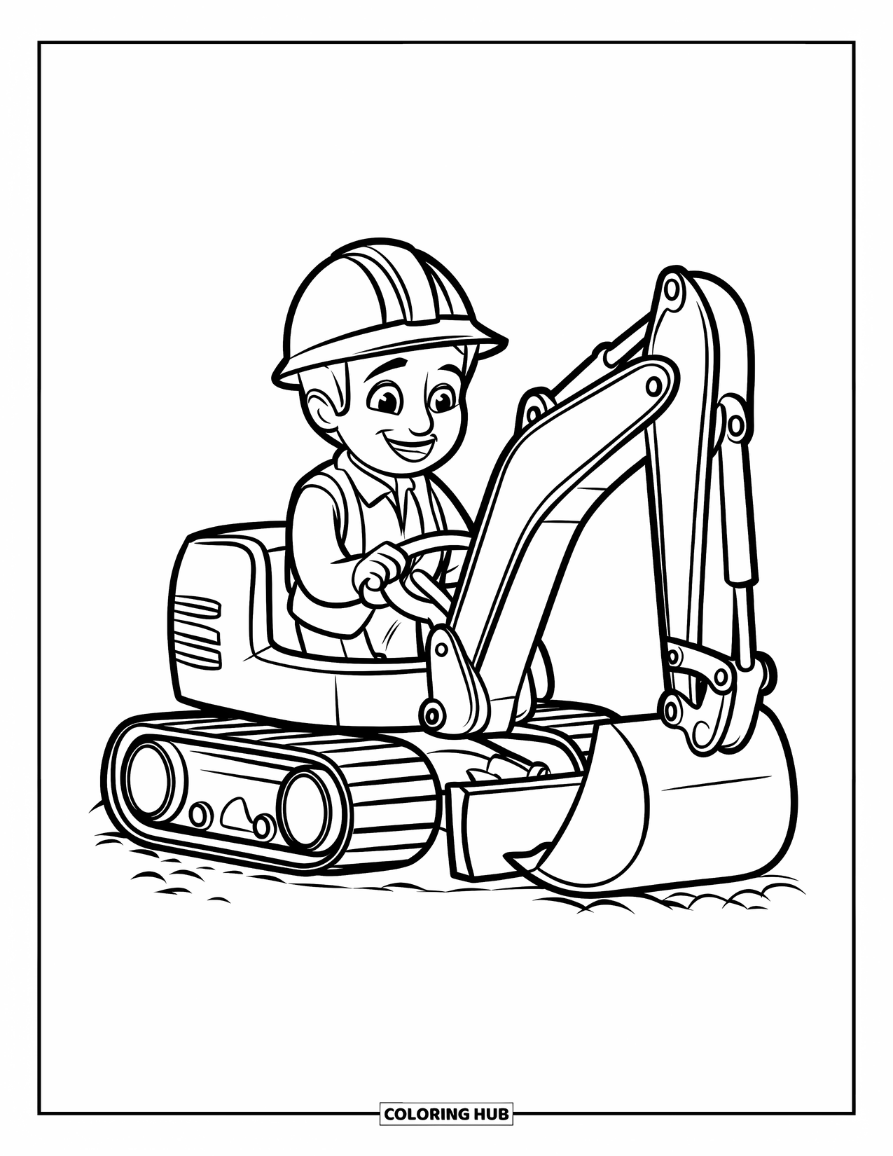 Excavator Coloring Page for Kids: A happy worker drives an excavator parked on dirt with a bucket attached