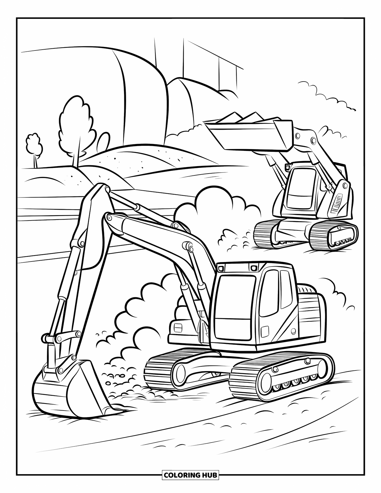 Excavator Coloring Page for Kids: A loader and excavator work in dust near a few trees and a building