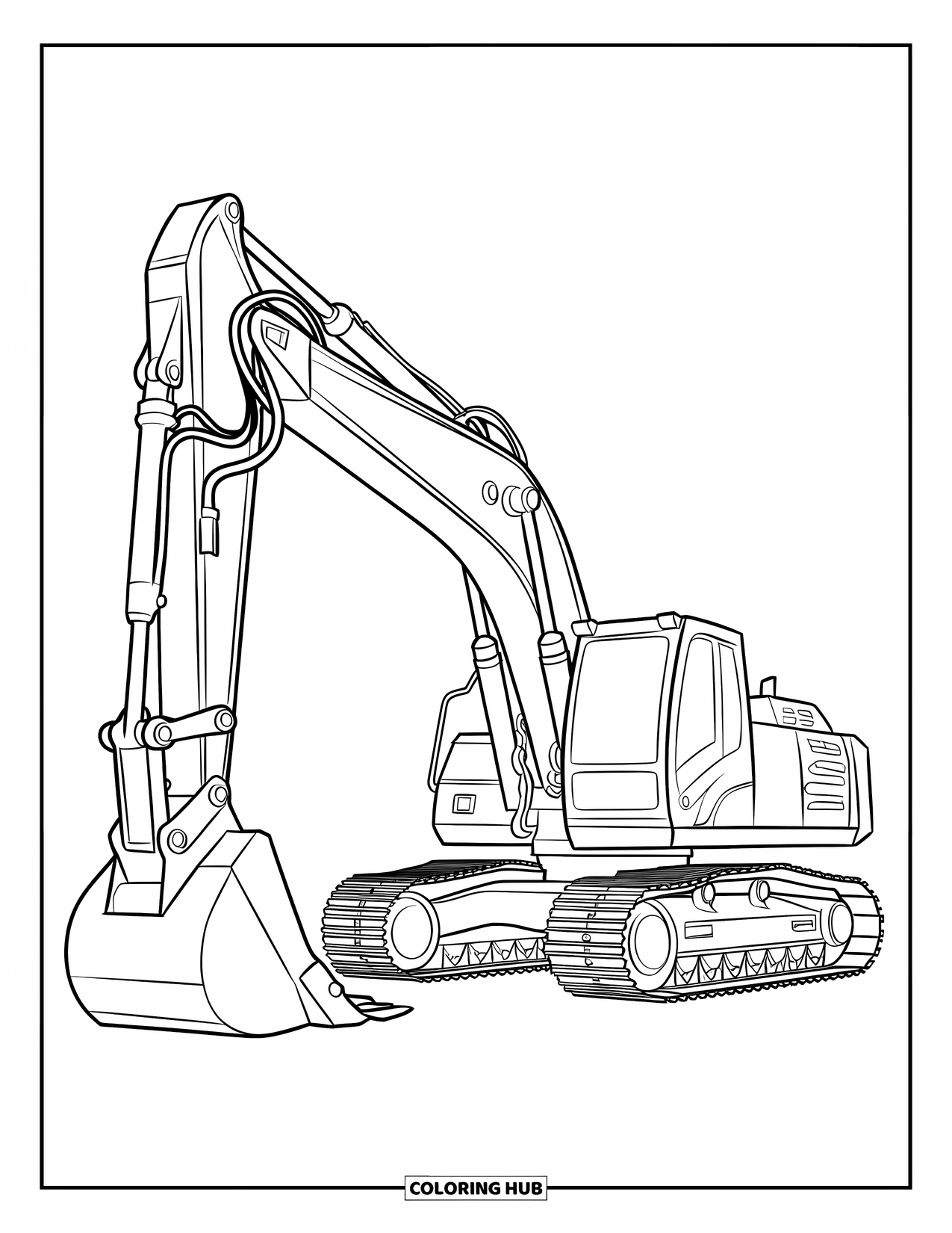 Excavator Coloring Page for Kids: A side-view excavator shows jointed arms and gears in a detailed mechanical style