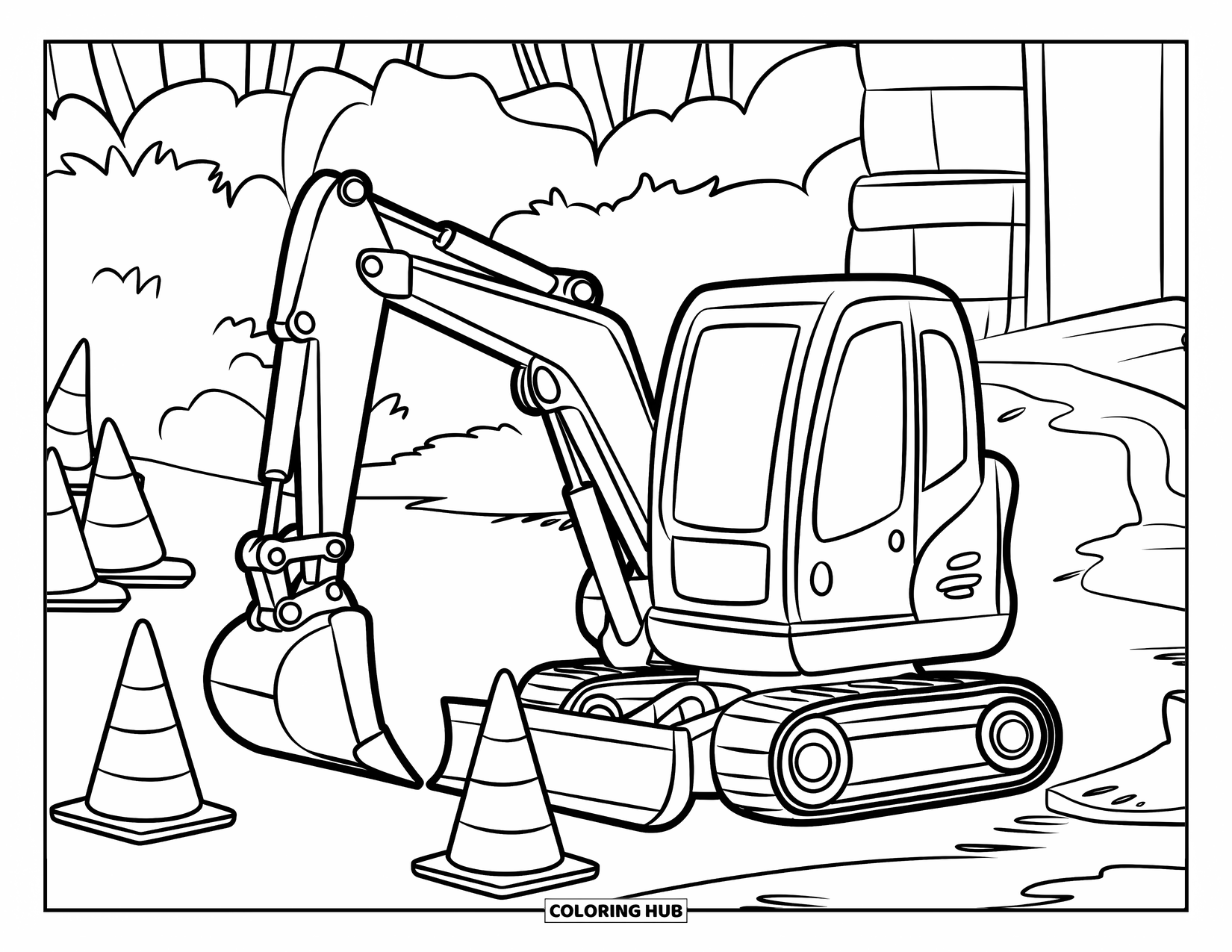 Excavator Coloring Page for Kids: A smiling excavator and traffic cones work near trees and a nearby structure