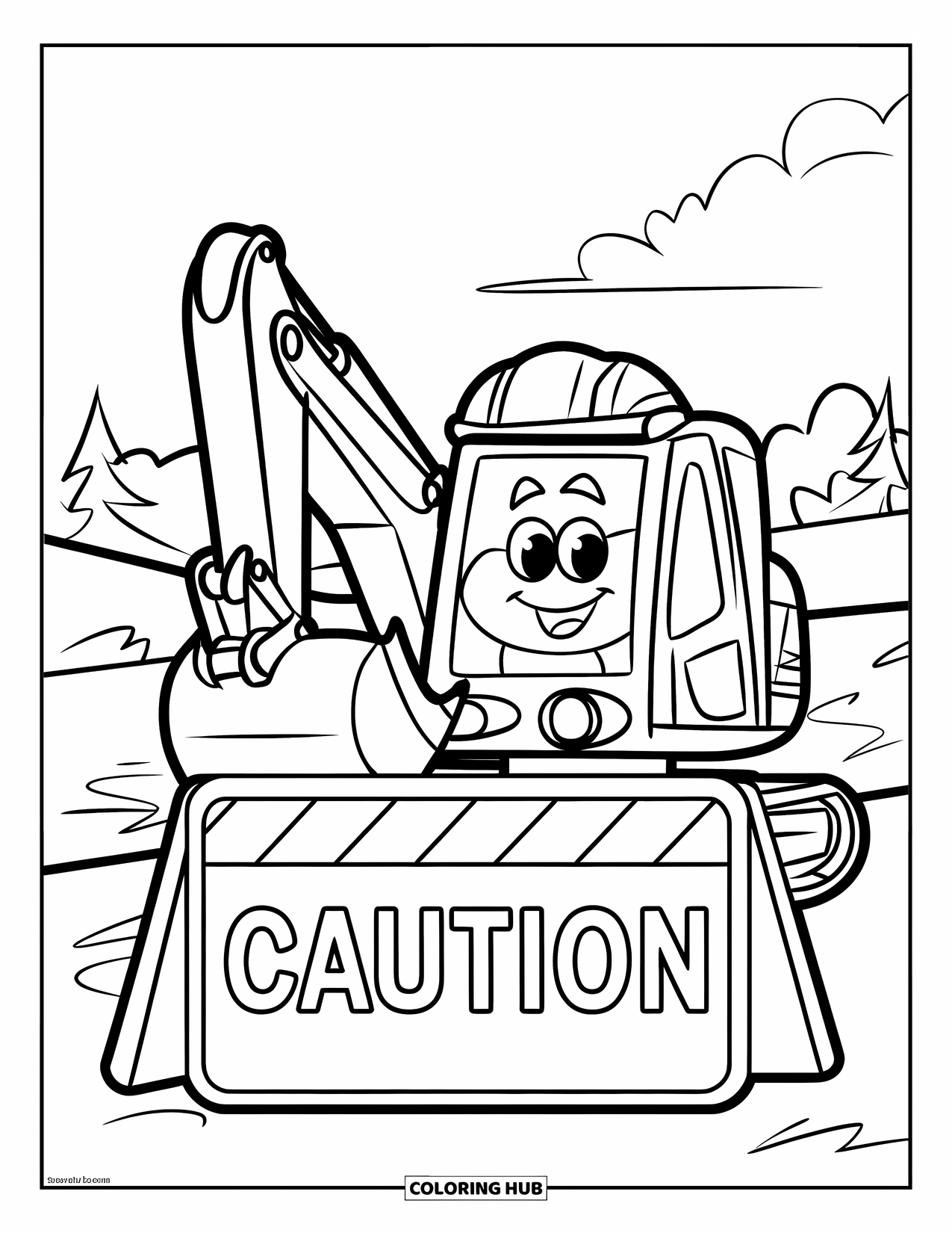 Excavator Coloring Page for Kids: A smiling excavator in a hard hat works behind a "Caution" sign near trees