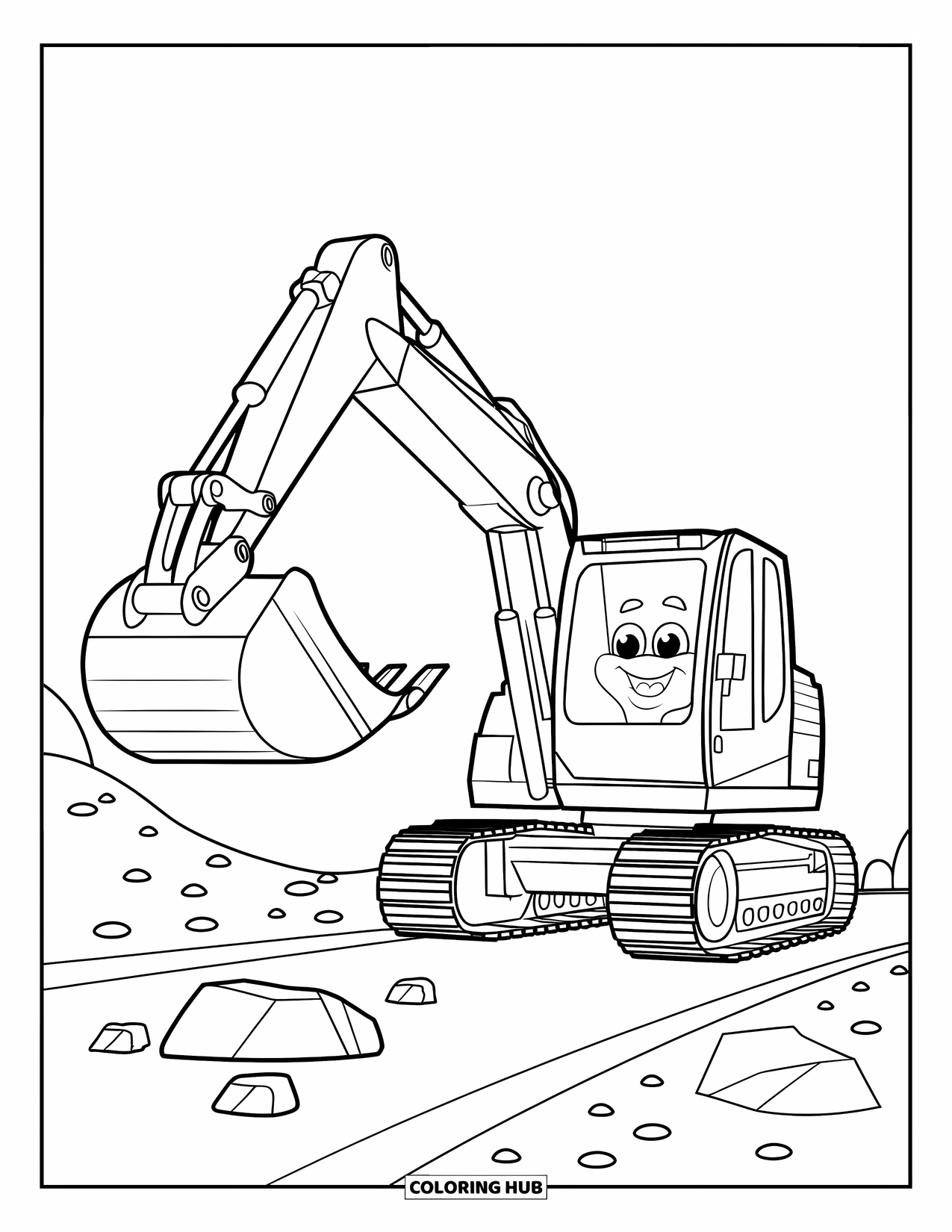 Excavator Coloring Page for Kids: A smiling excavator lifts a big rock on a clear road with pebbles nearby