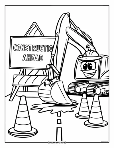 Kolorowanka z koparkami dla dzieci: Uśmiechnięta koparka przesuwa rury obok pachołków i tablicy "Construction Ahead" na drodze