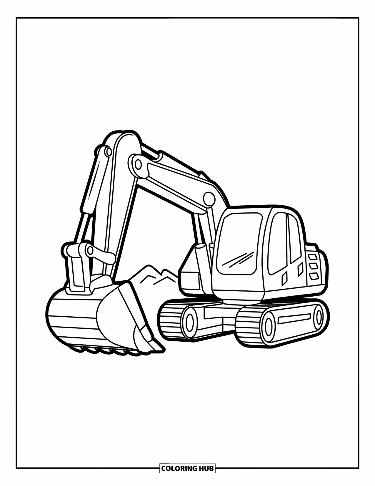 Excavator Coloring Page for Kids: A smiling excavator with a big bucket sits beside a little hill