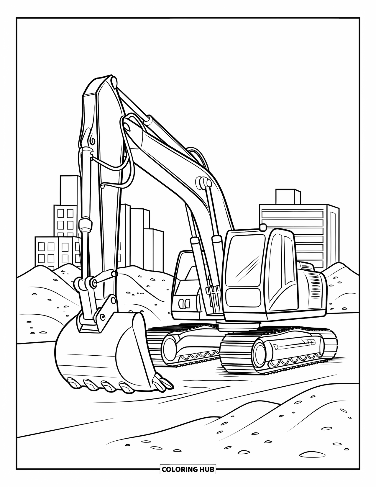 Excavator Coloring Page for Kids: An excavator digs near buildings with dirt piles scattered around the site
